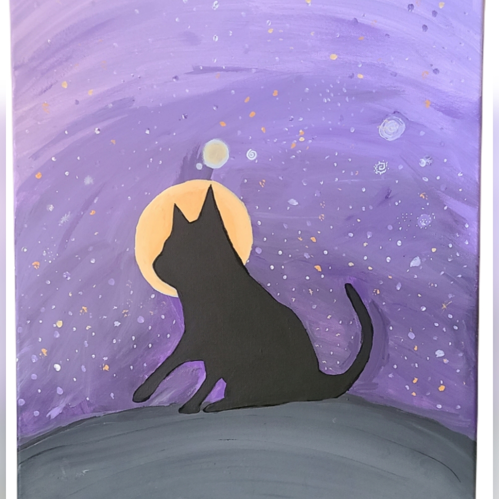 Original Cat Silhouette and Moon night sky painting